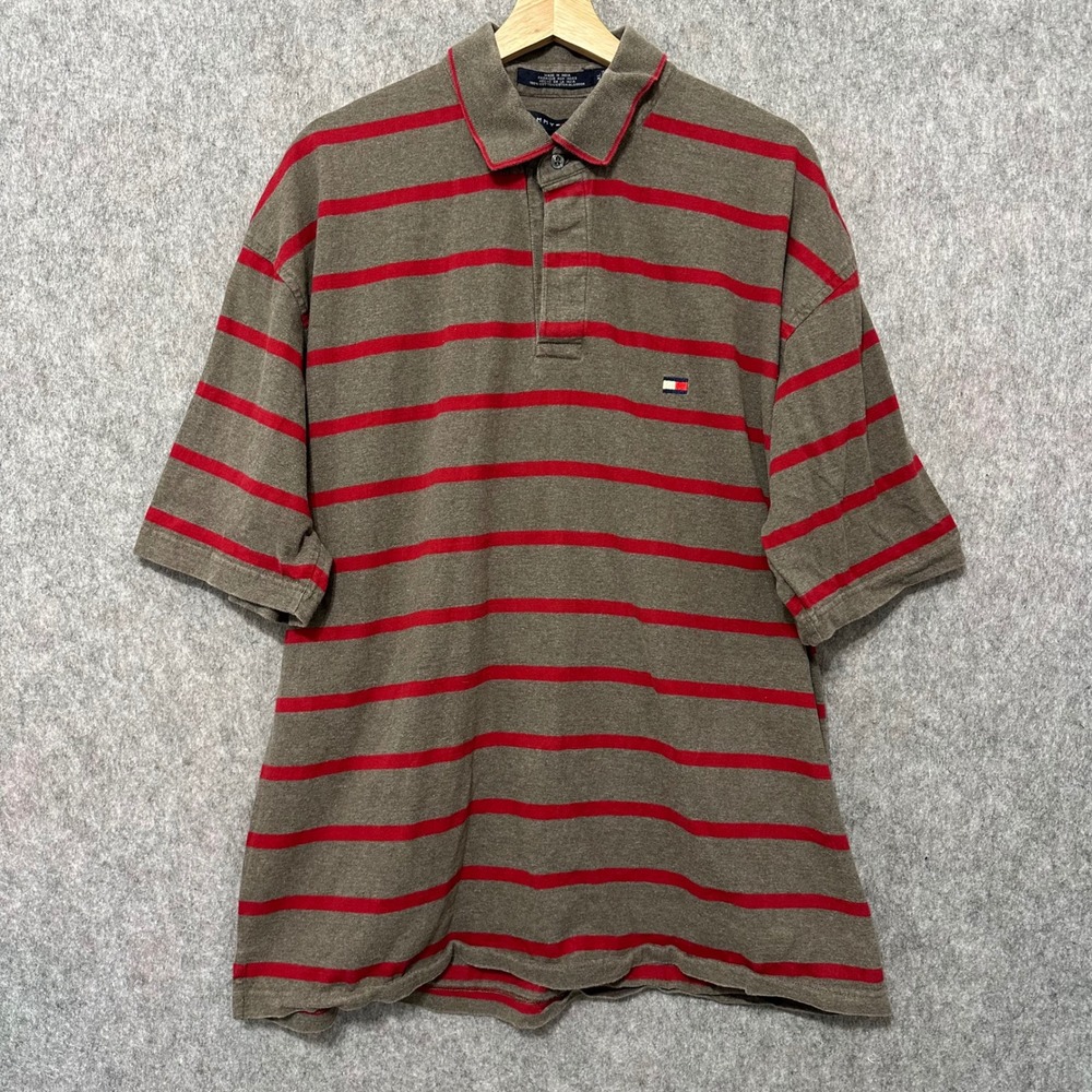 Tommy Hilfiger Mens XL‎ Polo Shirt Brown Red Striped Short Sleeve Cotton Logo